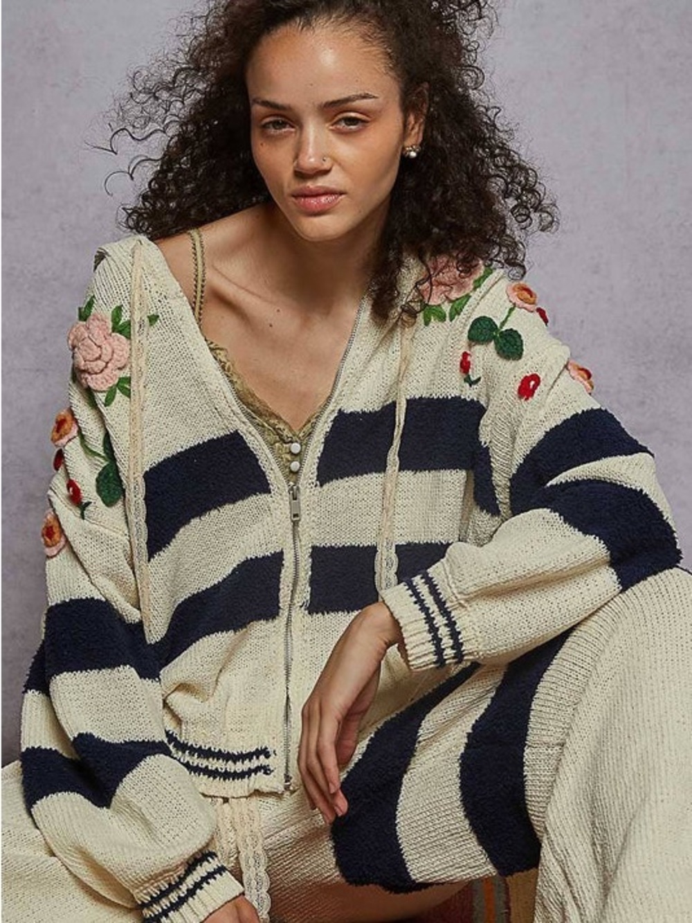 POL Striped 3D Embroidered Zip-Up Knit Hoodie